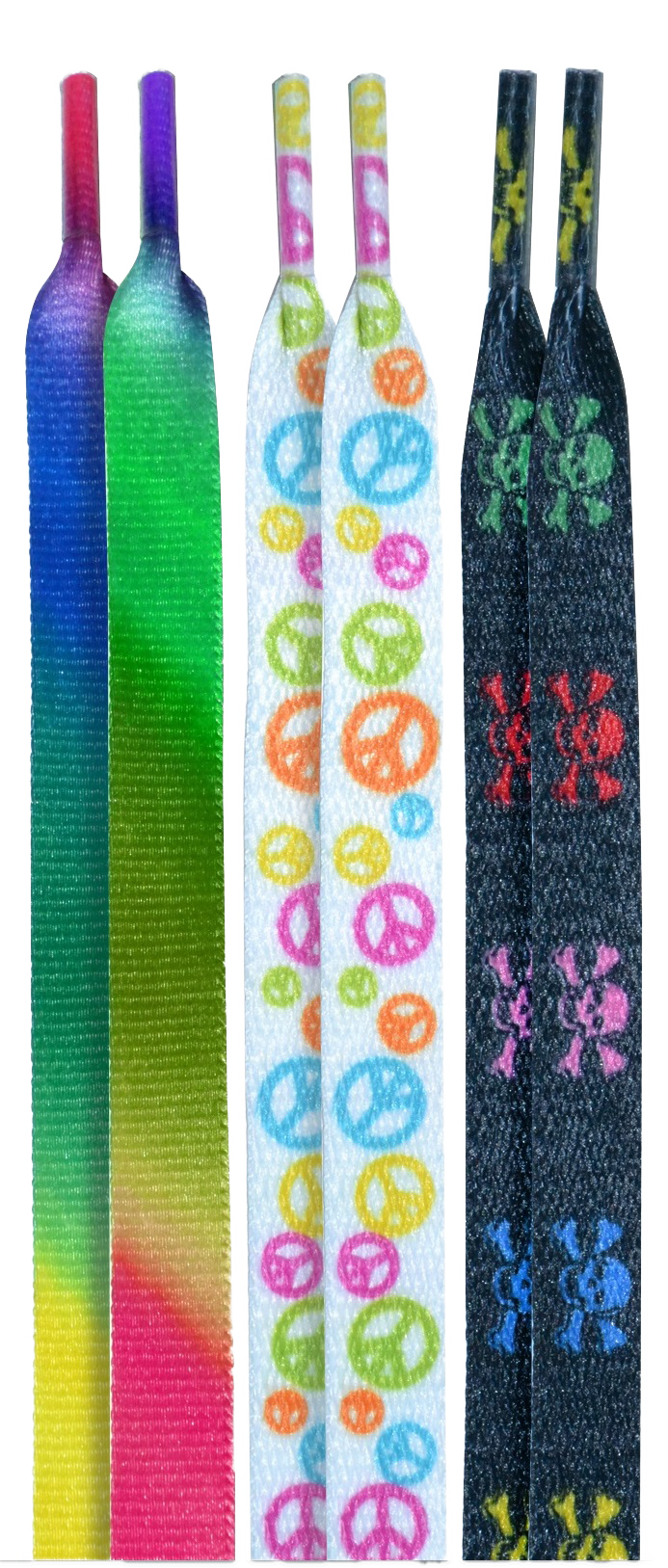 10 Seconds ® Athletic Flat Laces | Tie-Dye/Peace/Multi Skulls Printed - 3 Pack