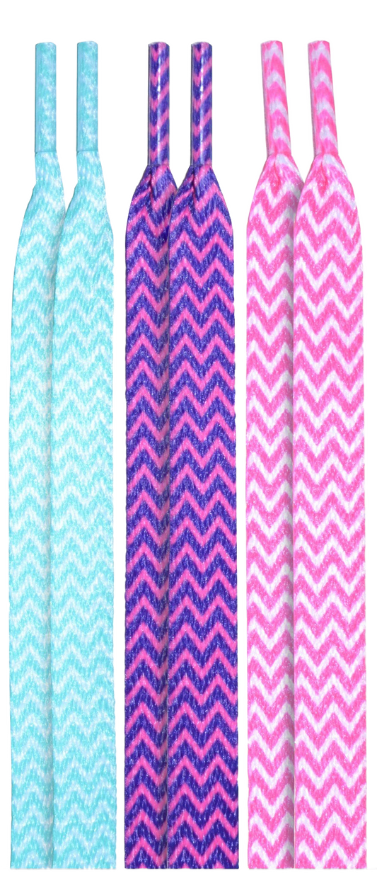 10 Seconds ® Athletic Flat Laces | Teal/Purple/Pink Chevron Printed - 3 Pack