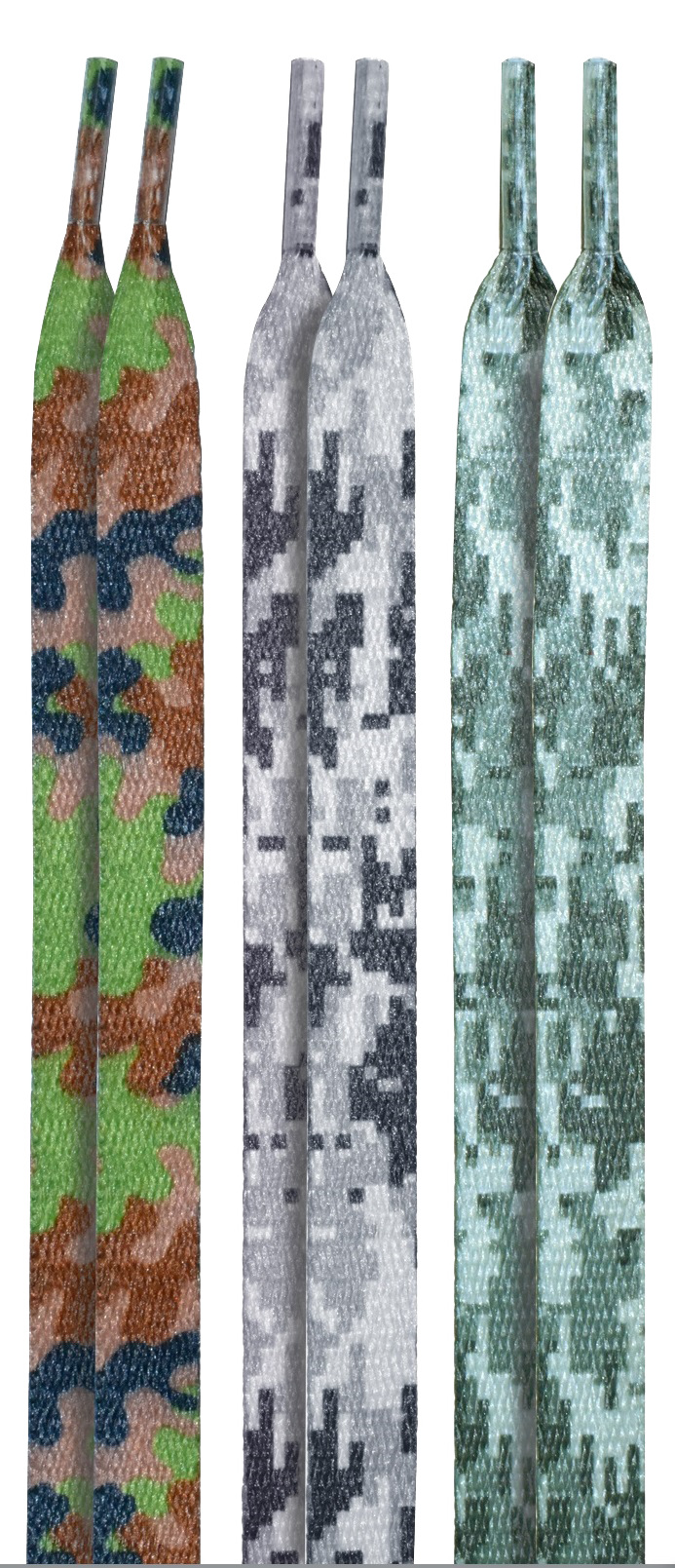 10 Seconds ® Athletic Flat Laces | Army/Digital Grey/Digital Green Camo Printed - 3 Pack