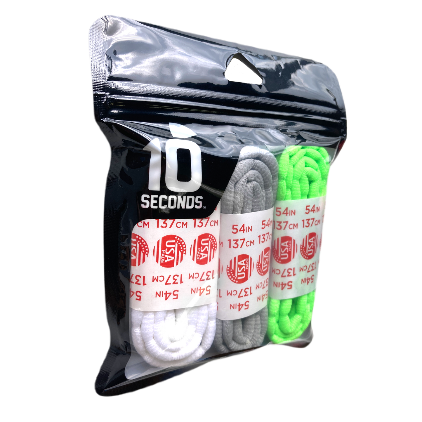 10 Seconds® Athletic Bubble Laces | White/Silver/Neon Green Multi-Pack