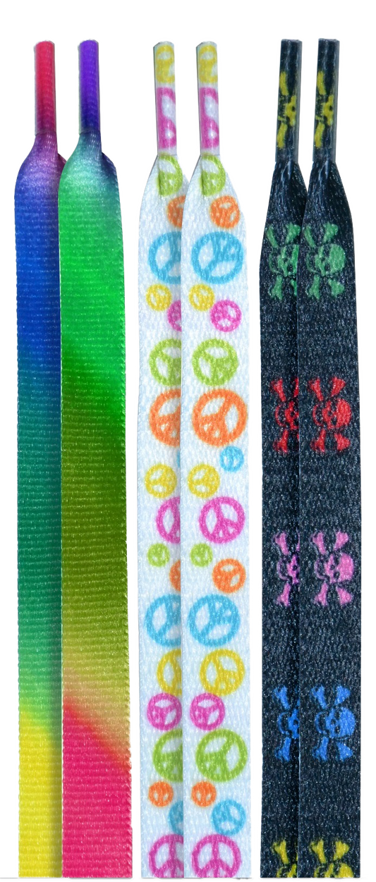 10 Seconds ® Athletic Flat Laces | Tie-Dye/Peace/Multi Skulls Printed - 3 Pack