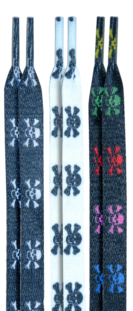 10 Seconds ® Athletic Flat Laces | Black/White/Multi Skulls Printed - 3 Pack