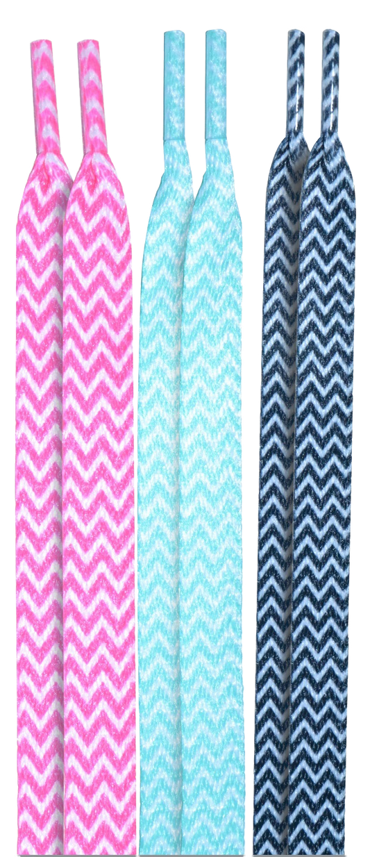 10 Seconds ® Athletic Flat Laces | Pink/Teal/Black Chevron Printed - 3 Pack