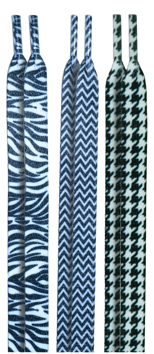 10 Seconds ® Athletic Flat Laces | Zebra/Chevron/Herringbone Printed - 3 Pack