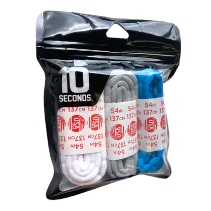 10 Seconds ® Athletic Bubble Laces | White/Silver/Neon Blue - 3 Pack
