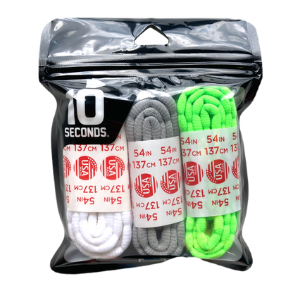 10 Seconds® Athletic Bubble Laces | White/Silver/Neon Green Multi-Pack