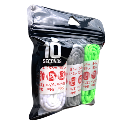 10 Seconds® Athletic Bubble Laces | White/Silver/Neon Green Multi-Pack